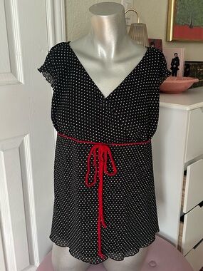 BCX Y2K Black White & Red Bow Detail Polka Dot Babydoll Top
